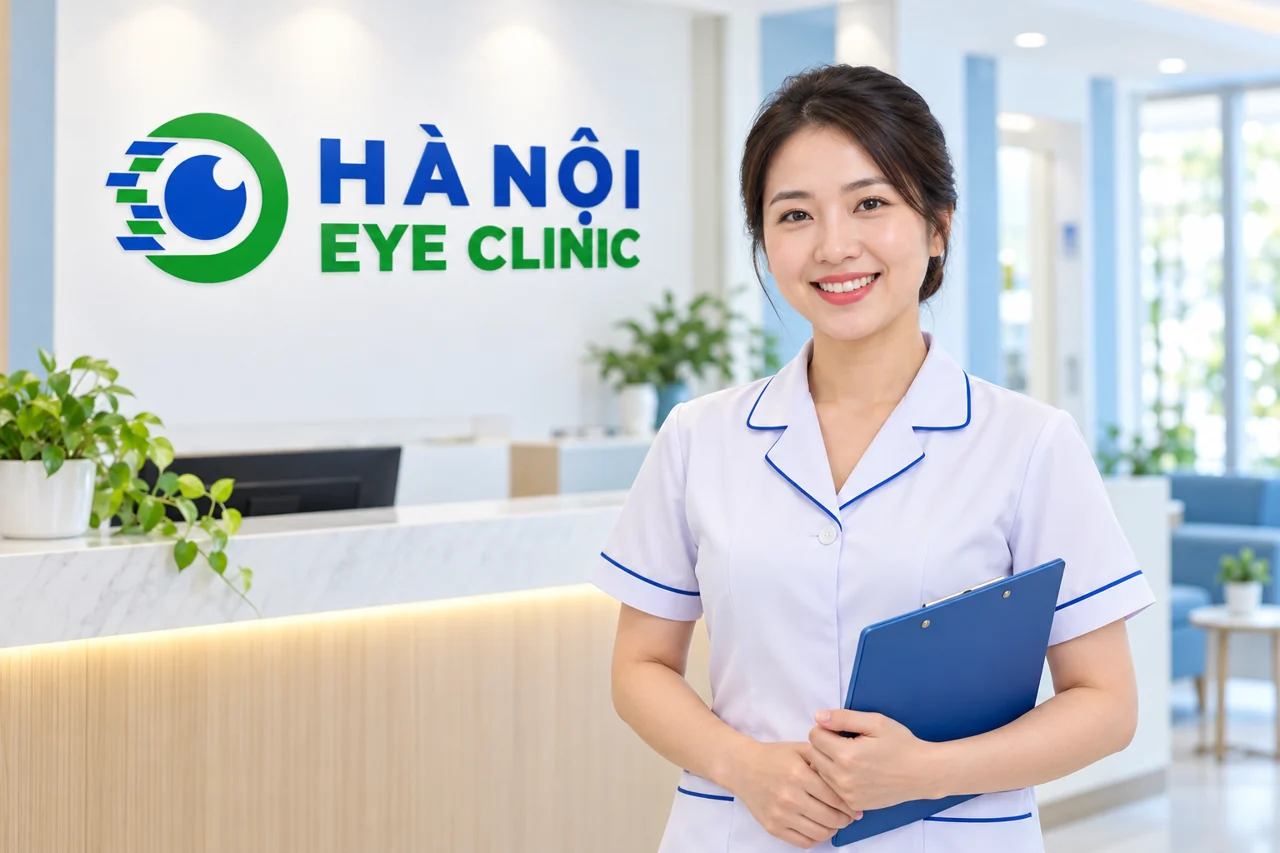 Ảnh minh họa nữ điều dưỡng thân thiện cùng logo Hà Nội Eye Clinic