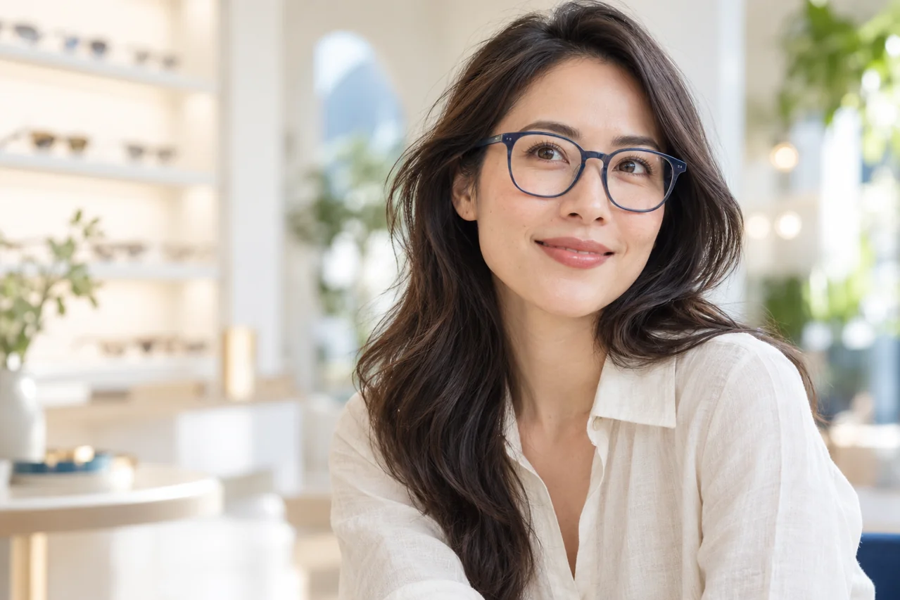 Người phụ nữ đeo kính gọng xanh — ảnh minh họa AI
