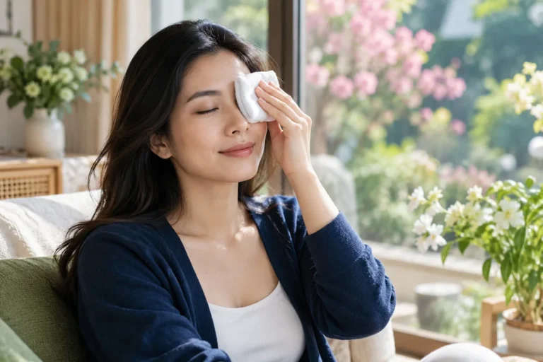 Minh họa người phụ nữ dùng khăn sạch chườm mát khi khó chịu ở mắt