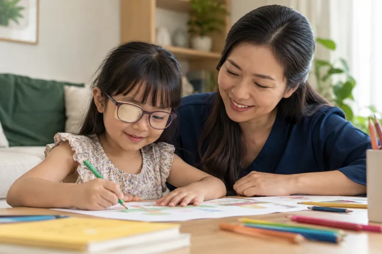 Minh họa trẻ đeo kính và miếng che mắt khi vẽ cùng mẹ