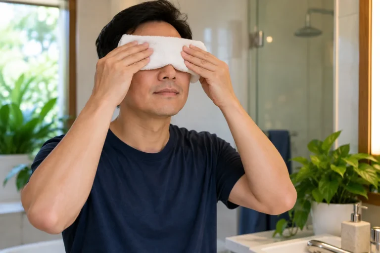 Minh họa chườm khăn sạch lên mi mắt đang nhắm