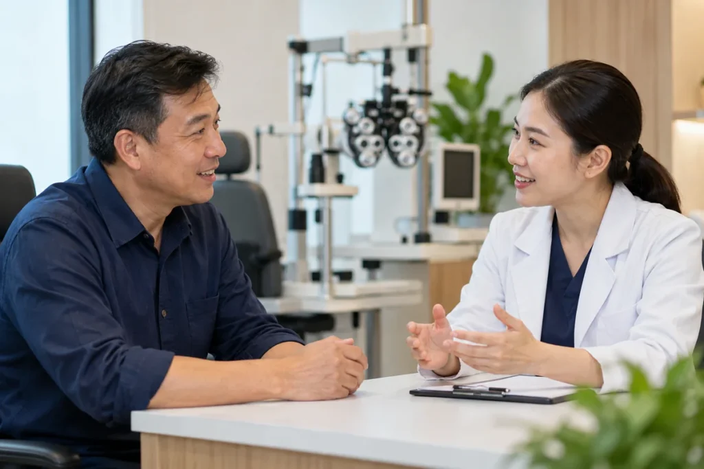 Minh họa người đàn ông trao đổi lịch theo dõi mắt với nhân viên y tế