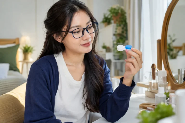 Ảnh minh họa AI người phụ nữ đeo kính gọng và cầm hộp kính áp tròng