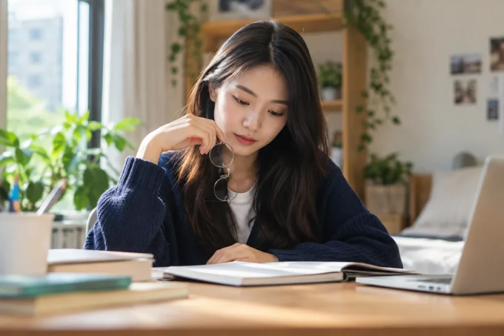 Minh họa người trẻ cầm kính bên bàn học