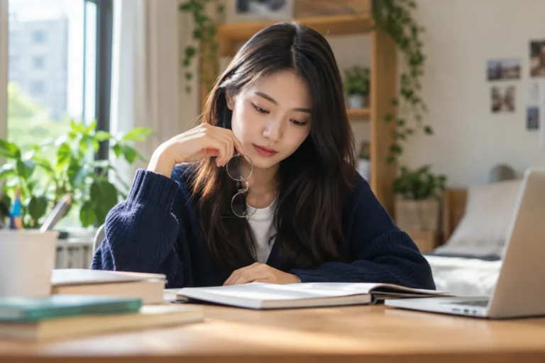 Minh họa người trẻ cầm kính bên bàn học