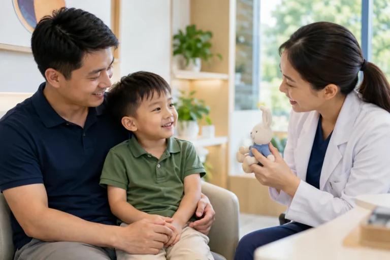 Minh họa trẻ cùng bố trao đổi với nhân viên khám mắt