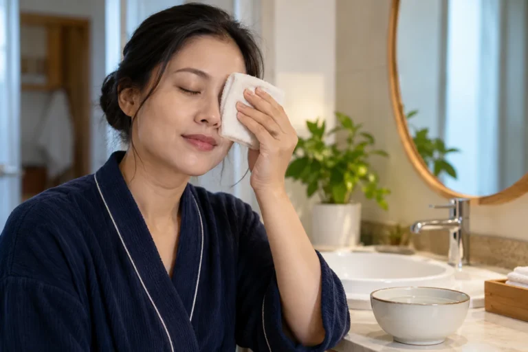 Minh họa người phụ nữ chườm khăn sạch lên mi mắt bên bàn có bát nước
