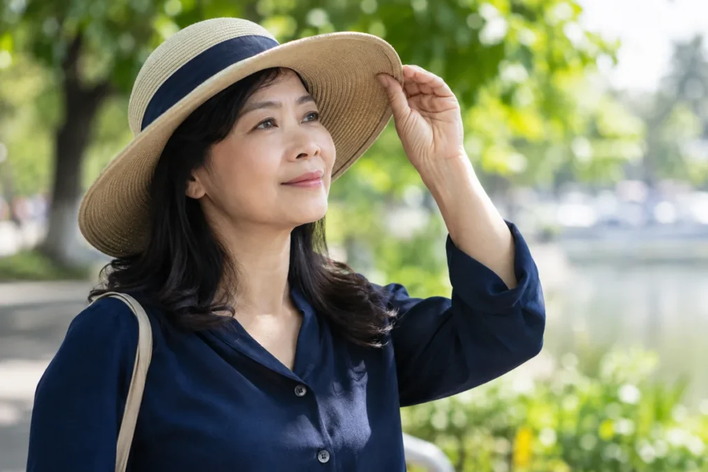 Minh họa người phụ nữ đội mũ che ánh nắng