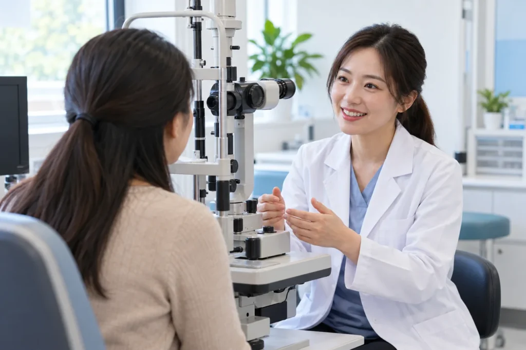 Ảnh minh họa AI: trao đổi trước khi khám mắt, không phải nhân viên HNEC