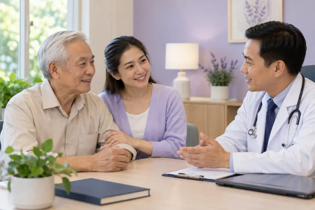 Ảnh minh họa AI người đàn ông cao tuổi cùng con gái trao đổi với nhân viên y tế
