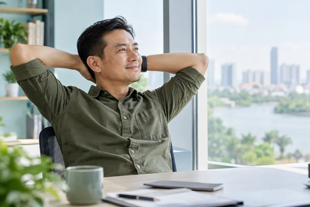 Ảnh minh họa AI người đàn ông làm việc văn phòng nghỉ mắt bên cửa sổ