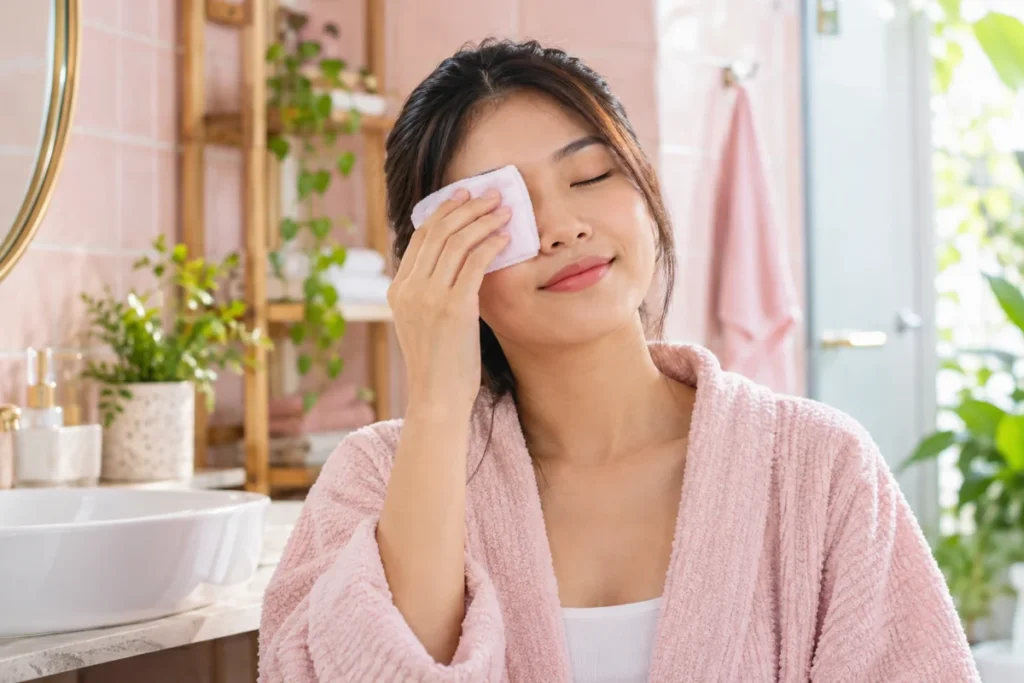 Ảnh minh họa AI người phụ nữ trẻ chăm sóc mi mắt bằng khăn sạch