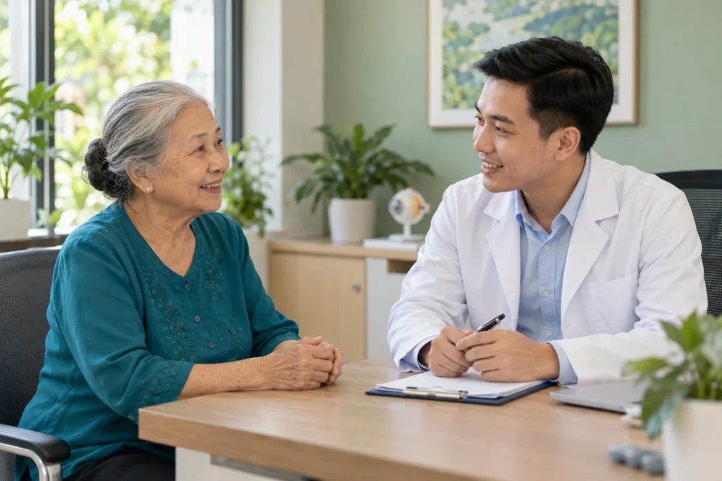Ảnh minh họa AI người phụ nữ cao tuổi trao đổi với nhân viên y tế