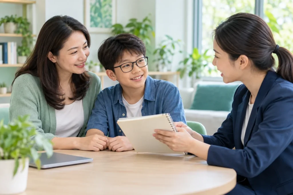 Ảnh minh họa AI bé trai đeo kính cùng mẹ trao đổi với nhân viên y tế